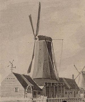 Molen 06651 o De David / De Koning David (Alkmaar), H. Tavenier, 1787, detail onderstaande prent, de molen op de voorgrond | Database Nederlandse molens