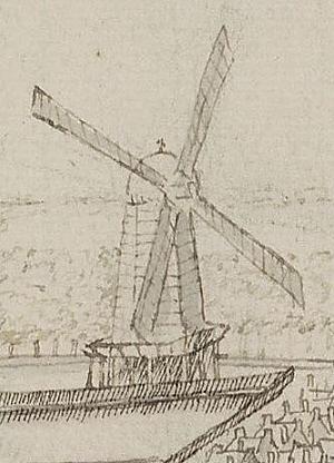 Molen 06677 l De Valck (2e) (Leiden), detail Profiel van het westen van Leiden, na 1669, op het dak een Valk? | Database Nederlandse molens