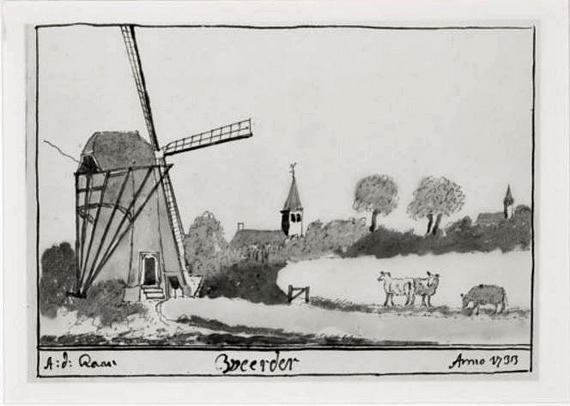 1, Molen 01214 g Polder Het Westeind van Waarder, Nieuwe West Eynder (Waarder), Tekening van Abraham de Haen 1733, coll rhcrijnstreek.nl nr D0007 | Database Nederlandse molens