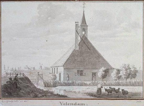 3, Molen 06655 a Polder Katwoude, Hogendijkse Molen (Katwoude), Tekening Cornelis Pronk, 1728. De molen links in de verte | Database Nederlandse molens