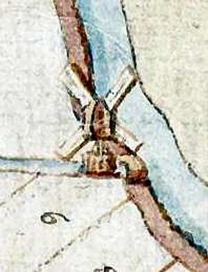 Molen 06721 e Bergermeer, zuidelijke wipmolen / Cleyne Viaanse molen (Alkmaar), Detail van onderstaande kaart, 1568 | Database Nederlandse molens