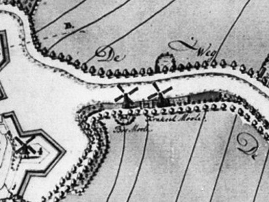 2, Molen 06904 t Het Bosch / Het Bosch in het Anker / Het Anker / De Vriendschap (Weesp), Detail kaart S.P. Prévost, 1726 (kopie 1772, beeldbank RCE, N is links) | Database Nederlandse molens