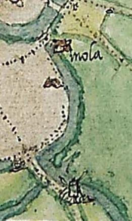 Molen 10096 (standerdmolen) (Coevorden), Van Deventer, 1560, onder deze molen, boven de watermolen ('mola') | Database Nederlandse molens