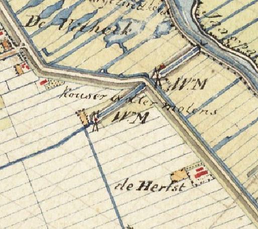 1, Molen 01789 bis b Nieuwkoopse Droogmakerij, Zevenhovense polder, Kouser ondermolen F (Zevenhoven), Fragment Milit.Topogr.kaart H.E.W. Rodi de Loo, 1849 | Database Nederlandse molens