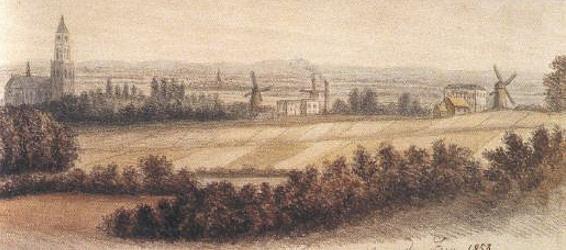 1, Molen 02479 a De Hoop (1e standplaats) (Arnhem), Tekening van A. Verhuell (1822-1897)geheel rechts molen De Hoop | Database Nederlandse molens