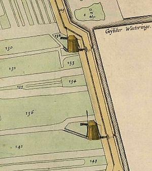 Molen 07484 Stommeerpolder, tweede molen (Aalsmeer), Detail kaart Cl. Vastersz. Stierp, 1650 (onderste molen) | Database Nederlandse molens