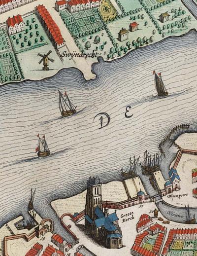 1, Molen 07607 De Veersche Meulen (Zwijndrecht), fragment stadskaart Dordrecht van Joh. Blaeu, 1649 | Database Nederlandse molens