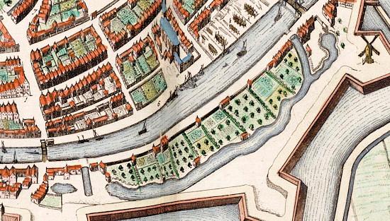 1, Molen 07612 Getijden-papiermolen (Brielle), Detail J. Blaeu 1649: het gebied waar de molen moet hebben gestaan | Database Nederlandse molens