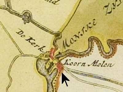 1, Molen 07624 Korenmolen van Munnekezijl (Munnekezijl/ Muntsjesyl (Muntjesyl)), Atlas van Schotanus (1718), kaartfragment gemeente Kollumerland en Nieuw | Database Nederlandse molens