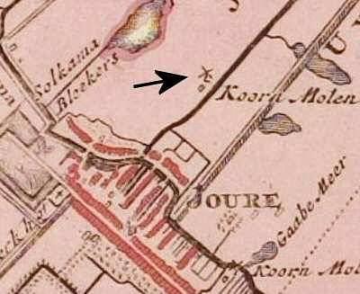 1, Molen 06648 n De Westerberg / Westerse Molen (Joure/ De Jouwer), Atlas van Schotanus (1718), kaartfragment gemeente Haskerland | Database Nederlandse molens