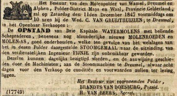 1, Molen 06907 f Molenpolder, De Oudendijkse molen (Dreumel), Algemeen Handelsblad, 26 nov. 1847 | Database Nederlandse molens