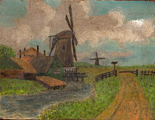 1, Molen 04263 c Boekelermeer, noordelijke molen / bovenmolen (Alkmaar), Olieverf op hout, geschilderd door Andries Blokdijk, 1918 | Database Nederlandse molens