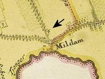 1, Molen 07195 Korenmolen van Mildam (Mildam/ Mildaam), Atlas van Schotanus (1718), kaartfragment gemeente Schoterland | Database Nederlandse molens