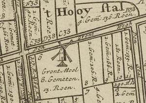 Molen 08886 Grondpolder, Grondsche Molen (Zwartewaal), fragment kaart 1695, Nationaal Archief, coll. Hingmanzie externe verwijzing | Database Nederlandse molens