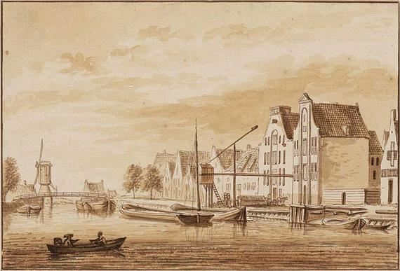 1, Molen 08342 De Kraai (2e) (Amsterdam), Brouwerij De Star a/d Brouwersgracht in 1720, gezien naar bolwerk Sloterdijk met korenmolen De Kraai | Database Nederlandse molens