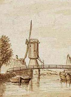 Molen 08342 De Kraai (2e) (Amsterdam), deel van onderstaande ets, gemaakt door Abraham Rademaker (1675-1735) | Database Nederlandse molens