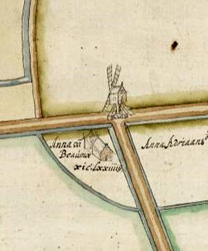 Molen 06679 v Klaaswaalsche molen (Westmaas), fragment kaart, 1539, Het noorden is rechtszie externes verwijzing | Database Nederlandse molens