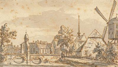 1, Molen 03138 a Blauwe Molen (Megen), Clarastraat met brug naar Clarissenklooster met rechts de molen.Zie website externe verwijzing | Database Nederlandse molens
