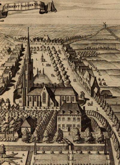 1, Molen 13760 Molen van Nisse (Nisse), Prent: Mattheus Smallegange, ca. 1696 (uitsnede, molen rechtsboven buiten het dorp) | Database Nederlandse molens