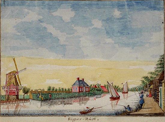1, Molen 16278 De Vier Winden voorganger (Rotterdam, stadsdeel Hillegersberg-Schiebroek), Tekening van Jacob Kortebrandt 1755, collectie Stadsarchief Rotterdam | Database Nederlandse molens
