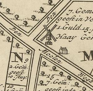 Molen 15352 (standerdmolen) (Ouddorp), fragm. kaart 1698, Nationaal Archief, inv.nr 2220, coll Hingman | Database Nederlandse molens