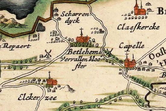 1, Molen 17073 Molen benoorden Elkerzee (Elkerzee), Detail kaart Joan Blaeu, 1664 (linkse molen) | Database Nederlandse molens