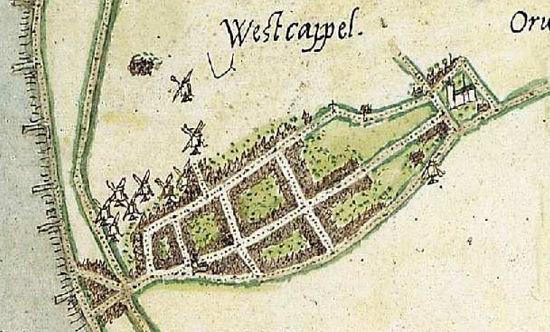 1, Molen 17389 (9 molens NW van de stad) (Westkapelle), Detail kaart Jacob van Deventer, ca. 1550-1560 | Database Nederlandse molens
