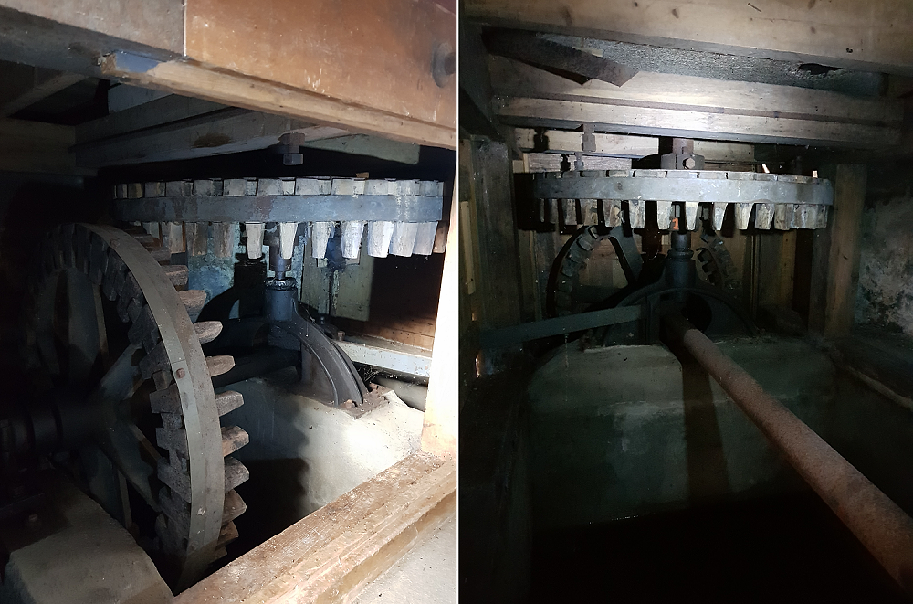 9, Motor 271128, E.M.F. Dordt, Pieter Zuijkerbuijk (14-06-2019)de haakse overbrenging van de linker en rechter maalstoel.  | Database Nederlandse molens