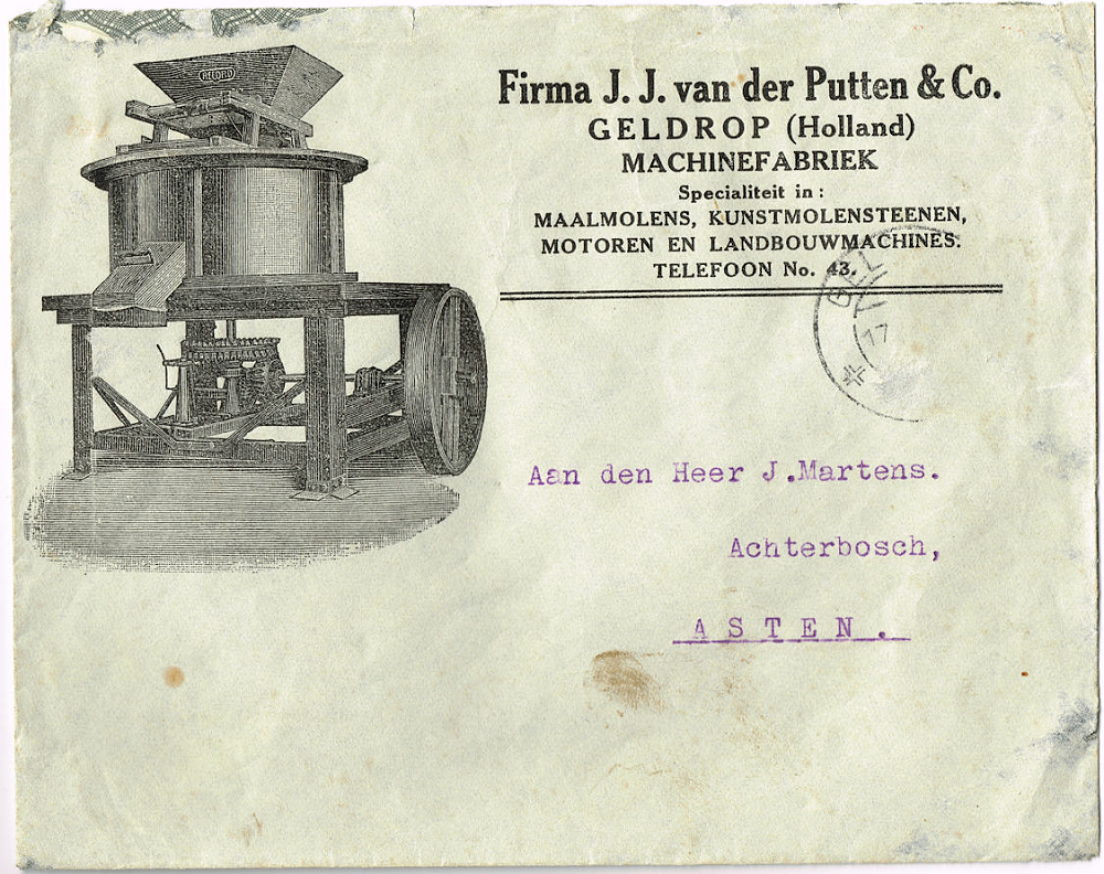 7, Motor 19801329/253, P.I.V. Antrieb, Peter van Rongen (12-12-2019)
Op 17 november 1927 stuurt Fa van der Putten een rekening naar J. Martens. De originele gefrankeerde enveloppe is in bezit van de molenaars van de Volksvriend.  | Database Nederlandse molens