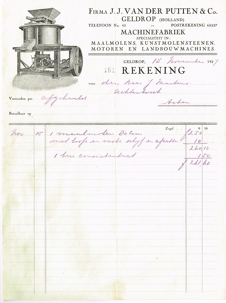 8, Motor 19801329/253, P.I.V. Antrieb, Peter van Rongen (12-12-2019)
Volgens de rekening is de maalmolen opgehaald.
De originele rekening is ook in bezit van de molenaars van de Volksvriend.
De maalmolen kostte in die dagen 250 gulden. | Database Nederlandse molens